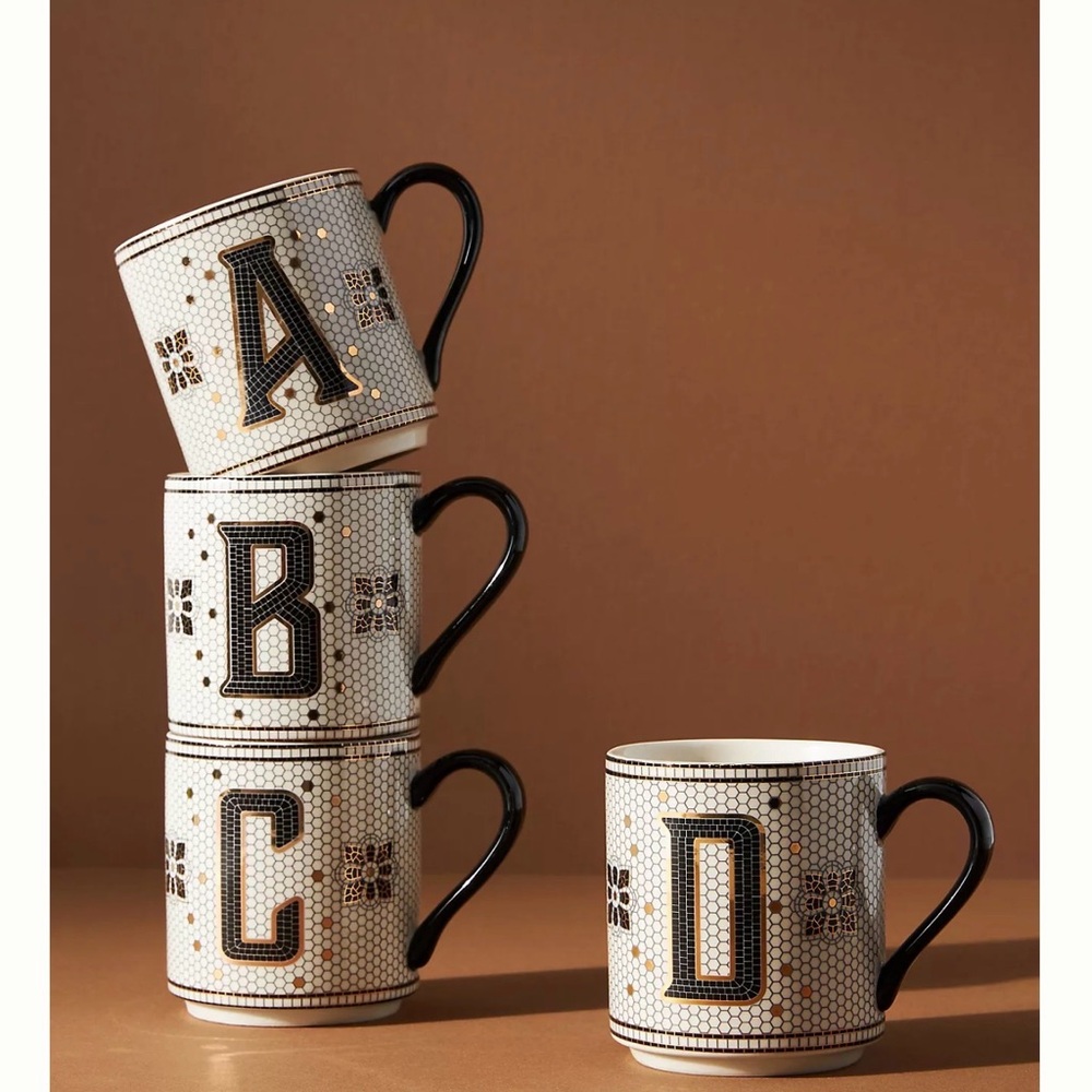 “V”‎ Anthropologie The Bistro Tile Stoneware Mug: Monogram Edition Letter V
